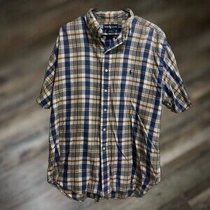 Ralph Lauren Men's Plaid XL Short Sleeve Button Down Shirt - Blue, Cotton